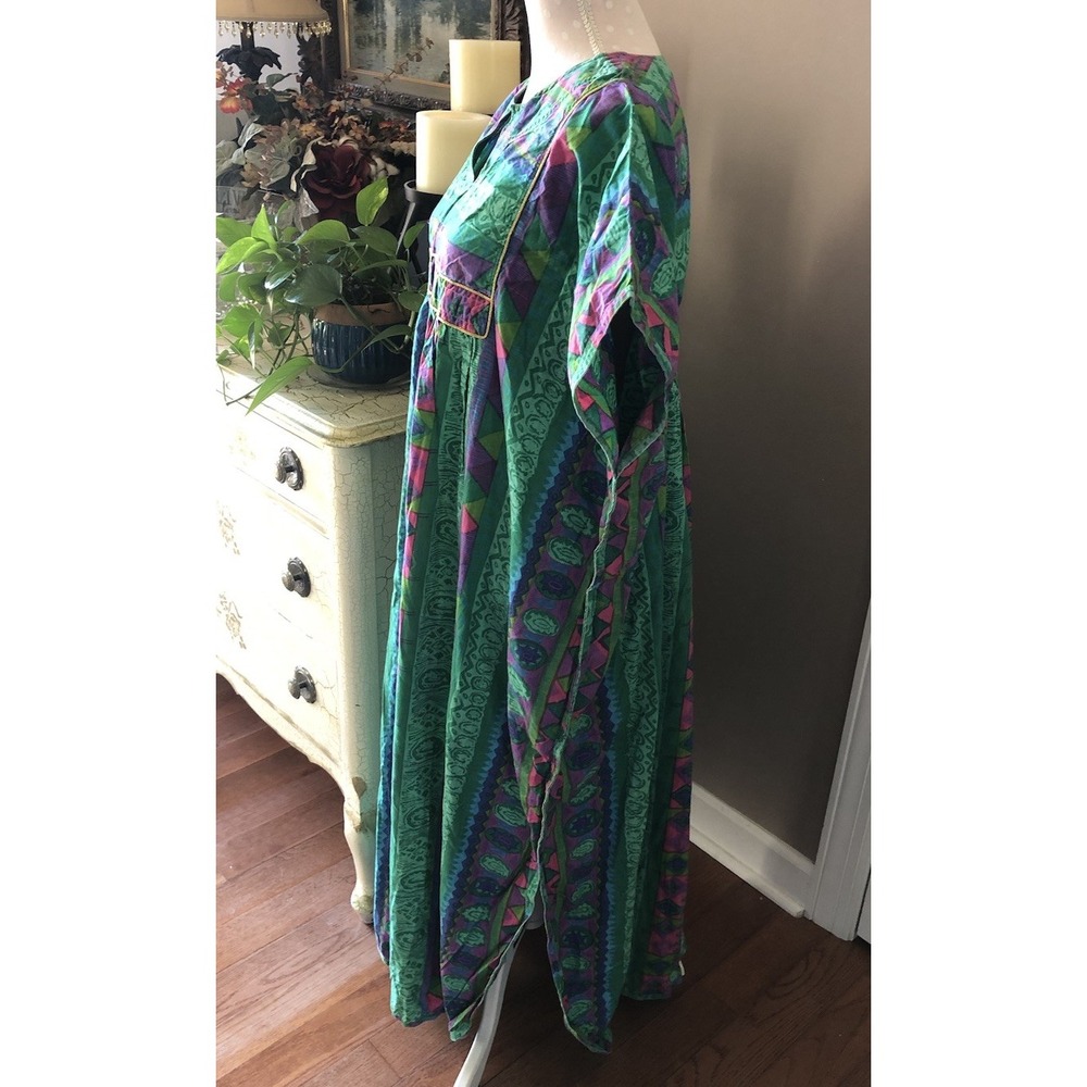 Vtg Kaftan 100% Cotton Long Kaftan Dress Caftan Vibrant Colors Kimono One Size - Picture 5 of 10